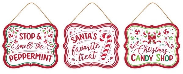 MD1447   5"Lx4"H Embss Christmas Candy Sign   White/Red/Emerald/Lime