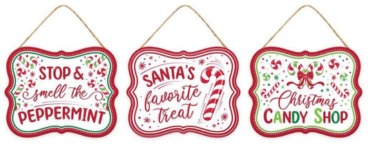 MD1447   5"Lx4"H Embss Christmas Candy Sign   White/Red/Emerald/Lime