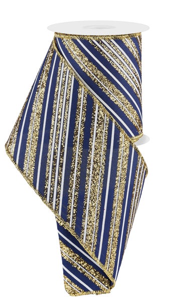 RGE18544A  4" x 10yd Diagonal Lines Navy Blue/Gold/White
