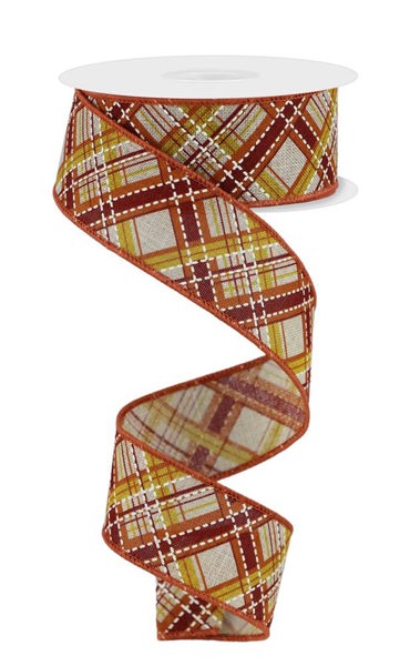 RGE184918  1.5" x 10yd Diagonal Dash Plaid Lt Nat/Mstrd/Orng/Brg/Crm