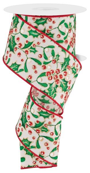 RGF106638  2.5" x 10yd Holly Berry/Mistletoe Crm/Grn/Red/Wht/Gold