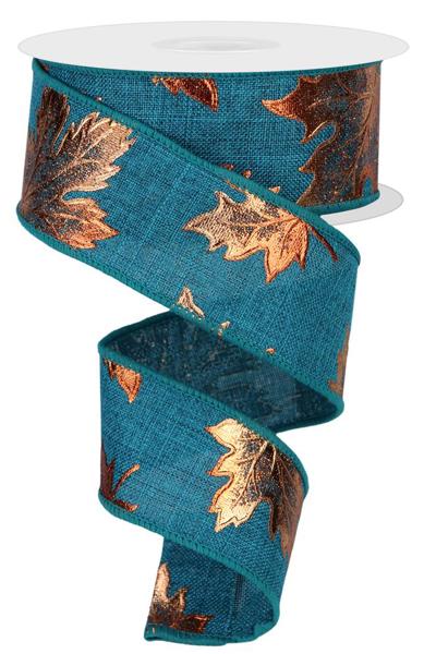 RGE1476TE  1.5" x 10yd Foil Maple Leaf On Royal Teal