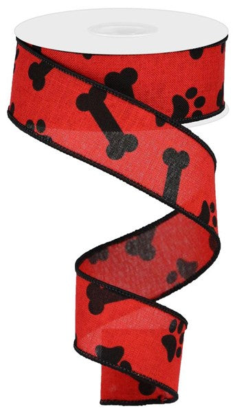 RGA114724   1.5" x 10yd Paw Print/Bones On Royal    Red/Black