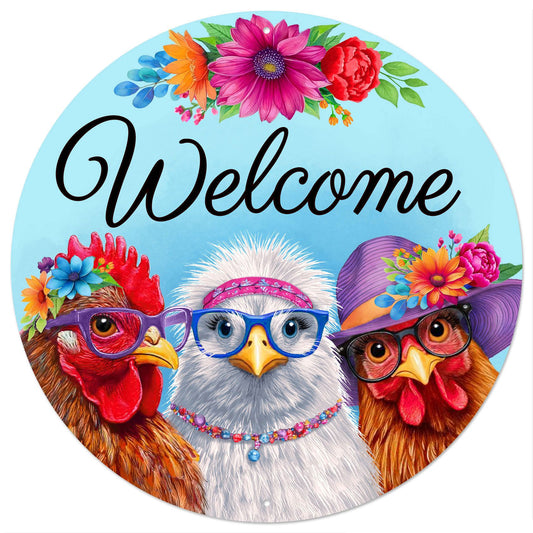 MD1723  12"Dia Metal Welcome W/Chickens Sign Blue/Wht/Brwn/Ppl/Red/Org