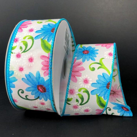 RJ18609-45   1.5" X 10YD WIRED SATIN DAISES RIBBON     Blue/White/Pink