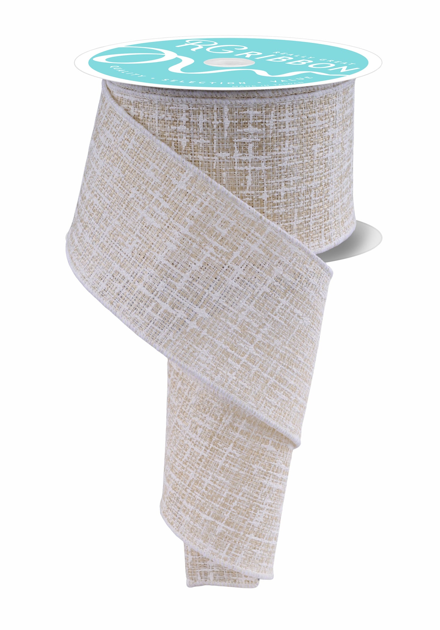 RGF169301  2.5" x 10yd Knit Look Texture Ribbon – Lt Beige/White – Wired Ribbon