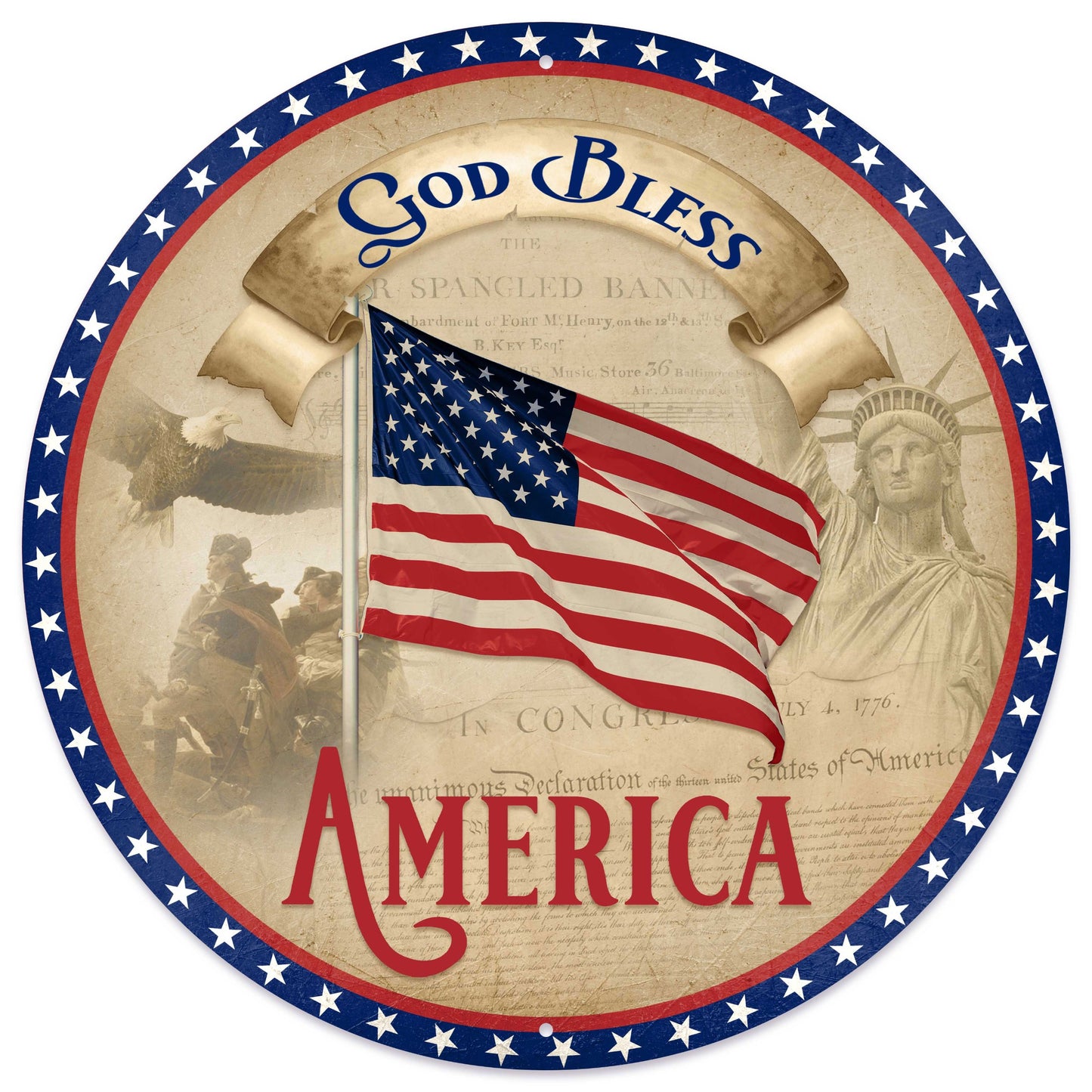 MD177137      12"Dia Vintage God Bless America Sign    Red/Blue/Lt Natural