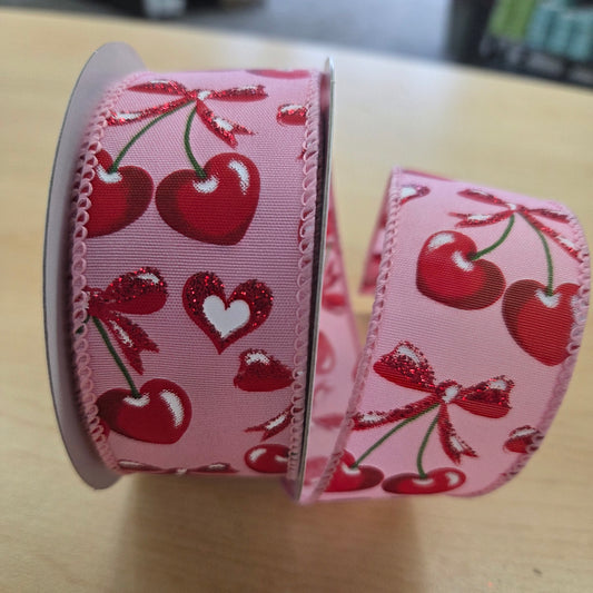 126040903    1.5"X10YDS  STN  Heart Cherries With A Bow    Pink