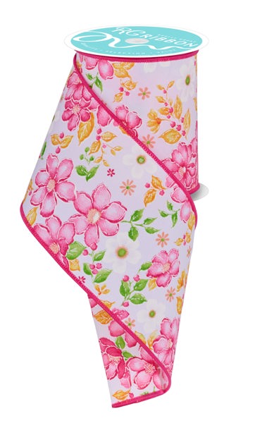 RGF1155WT  4" x 10yd Watercolor Flowers Pink/Green/Orange