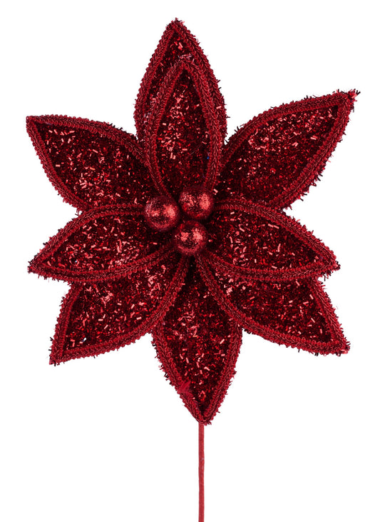 XS418224     14"L V Glitter/Lace Edge Poinsettia Pick    Red