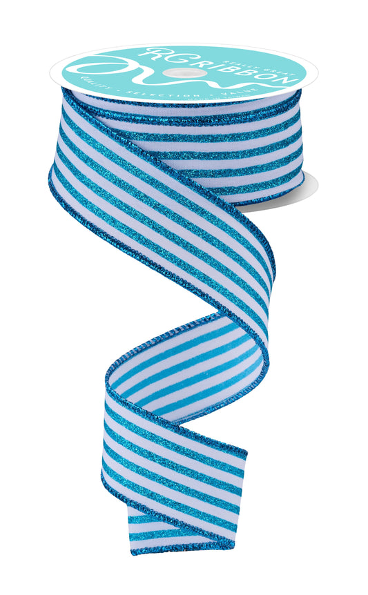 RGF1970A2  1.5" x 10yd Glitter Vertical Stripe White/Turquoise