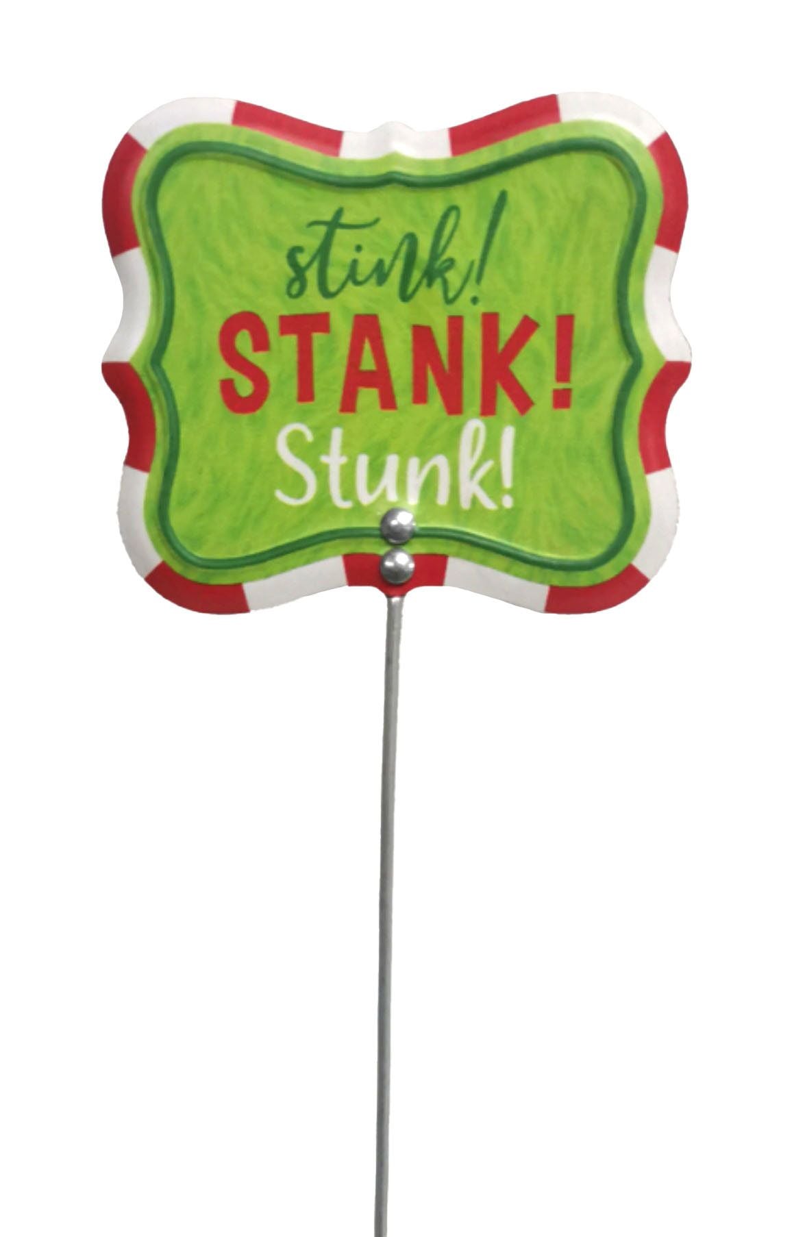 MF4018  4" x 3.5" Embossed “Stink Stank Stunk” Pick – Lime/Red/White/Emerald – Christmas Sign Pick