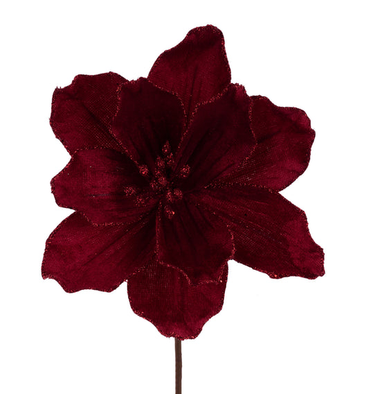 XS764505   7.5"L Glitter/Velvet Magnolia Pick   Burgundy
