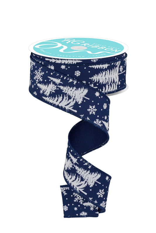 RGF123319   1.5" x 10yd Pine Trees/Snowflakes   Navy Blue/White