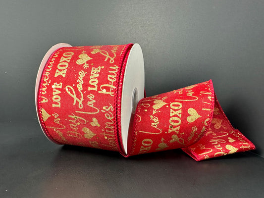 11515-40-13: RED STN/GLD LOVE XOXO SCRIPT-GLD GLT, 2.5"X10Y