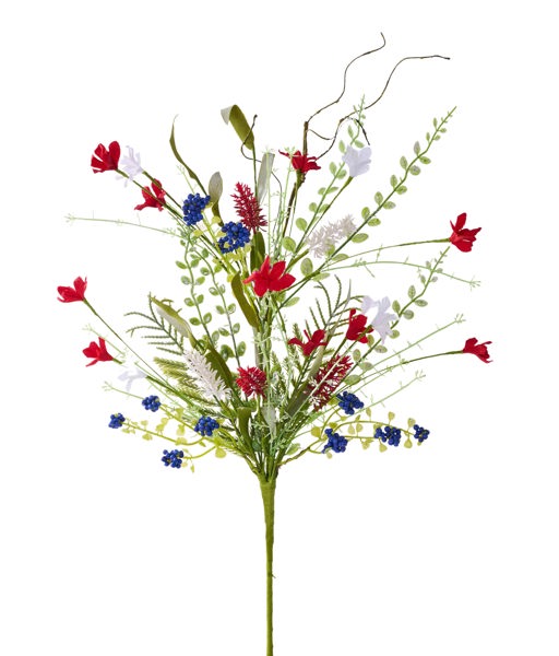 FH807154   24"L Fabric Flower/Eva Leaf/Beads Spray   Red/White/Blue
