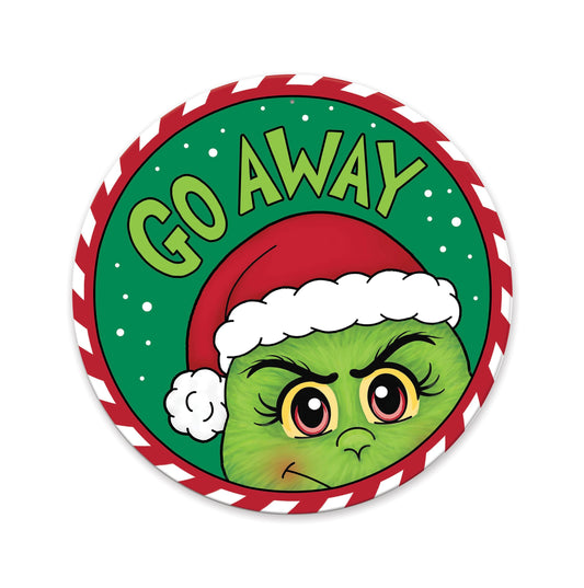 MD1485    13"Dia Go Away Furry Elf Plate Sign    Green/Red/White/Black