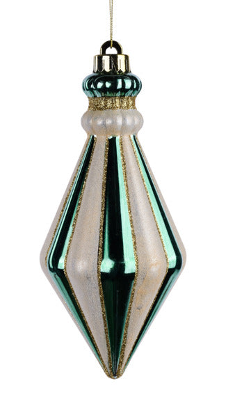 XJ7111NA  8.5"L x 4"Dia Stripe Teardrop Orn Sage Green/Cream/Gold