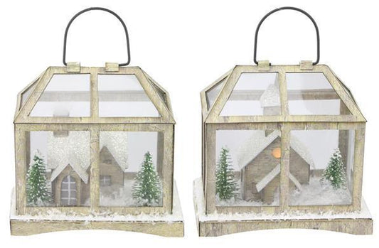 XY8510   4"H Paper Glass House/Church    Led Orn    Birch
