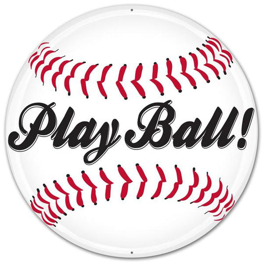 MD0488   12"Dia Metal Play Ball! Baseball Sign    White/Black/Red
