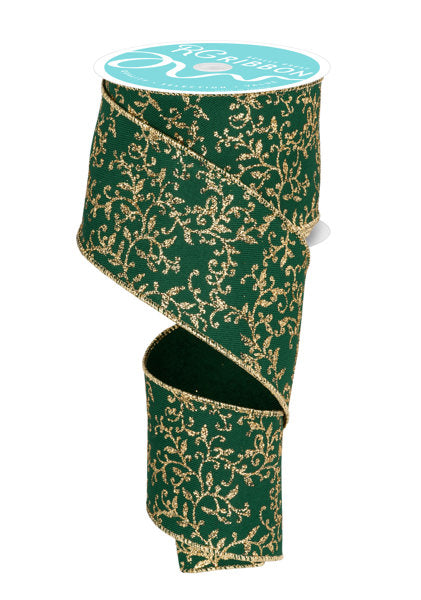 RGF1313CK  2.5" x 10yd Glitter Mini Leaf Vines Hunter Green/Gold