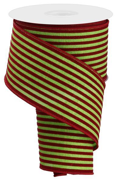RGE139633   2.5" x 10yd Glittered Velvet Vert Lines    Lime Green/Red