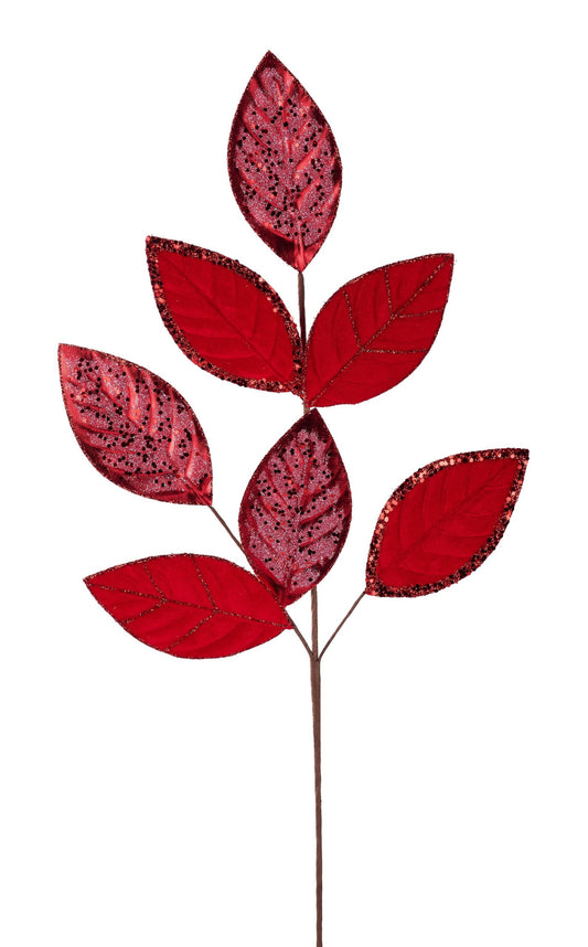 XS230224  27"L Velvet/Glitter Magnolia Leaf Spray  Red