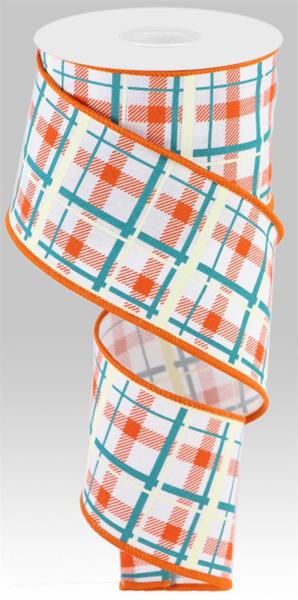 RGC154127  2.5" x 10yd Printed Plaid/Royal  Wht/Dk Orng/Turq/Lt Nat
