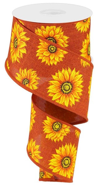 RG0187358  2.5" x 10yd Multi Sunflowers/Royal Burlap Rust/Ylw/Orng/Rust/Brn