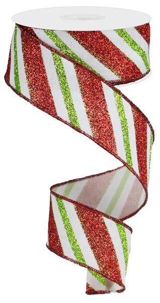 RG0176527 1.5"X10yd Diagonal Glitter Stripe/Royal White/Red/Lime
