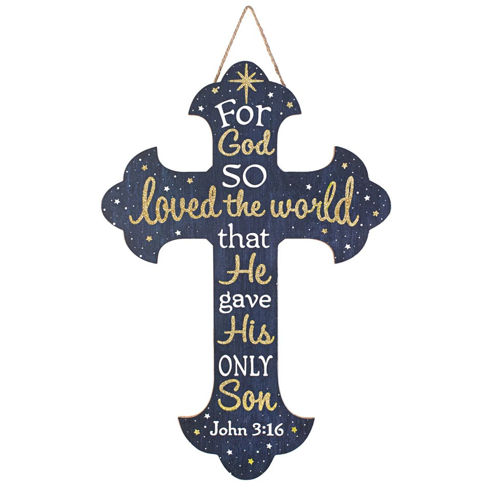AP7803  16"H x 11"L “God So Loved the World” Cross Sign – Navy/White/Gold