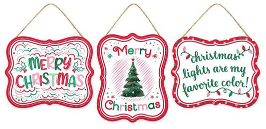 MD1448   5"Lx4"H Embss Retro Christmas Sign   Wht/Red/Pink/Mint