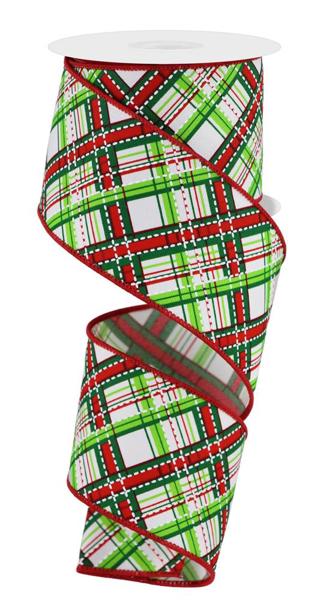 RGE185033   2.5" x 10yd Diagonal Dash Plaid   Wht/Lme/Emrld/Red