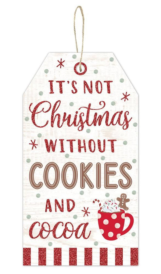 AP8936  12"H x 6.5"L Cookies & Cocoa Tag Sign – White/Red/Tan