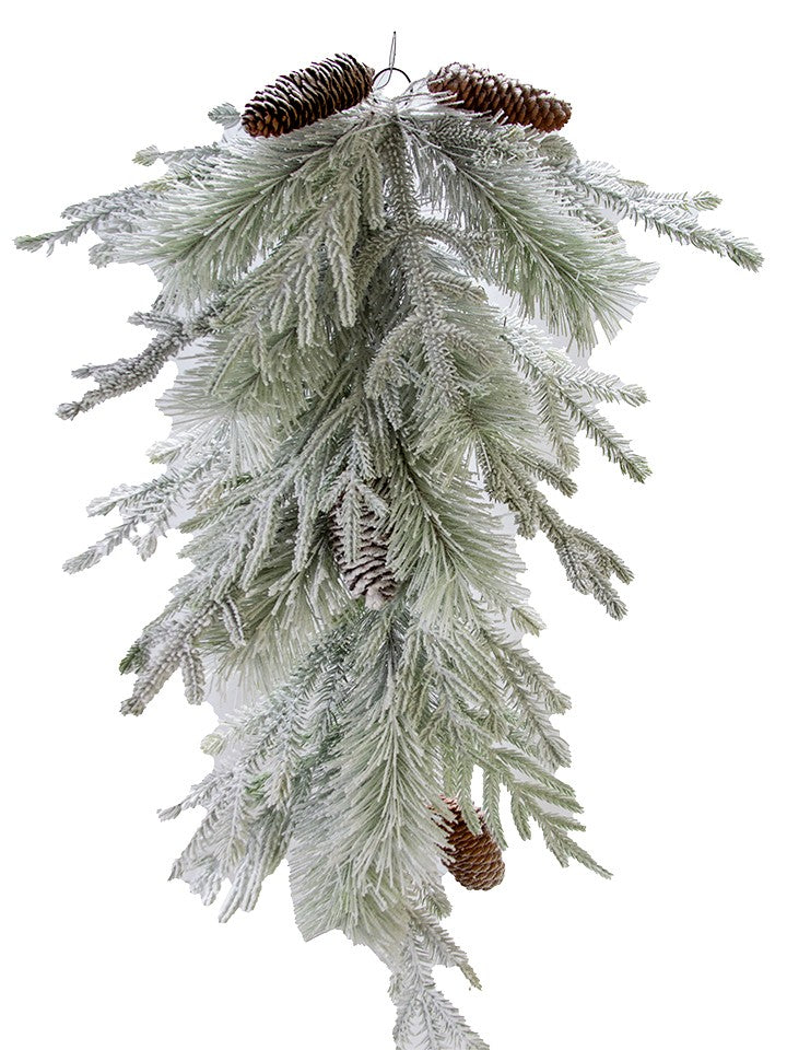 2845016WH  34" Flocked Mixed Pine Teardrop   White