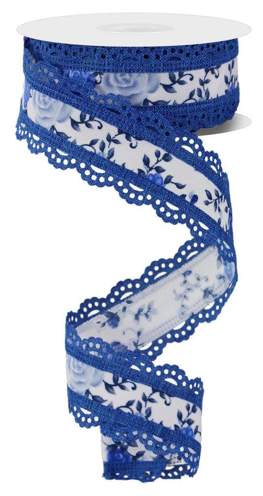 RGA859125   1.5" x 10yd Mini Roses/Lace   White/Multi Blue