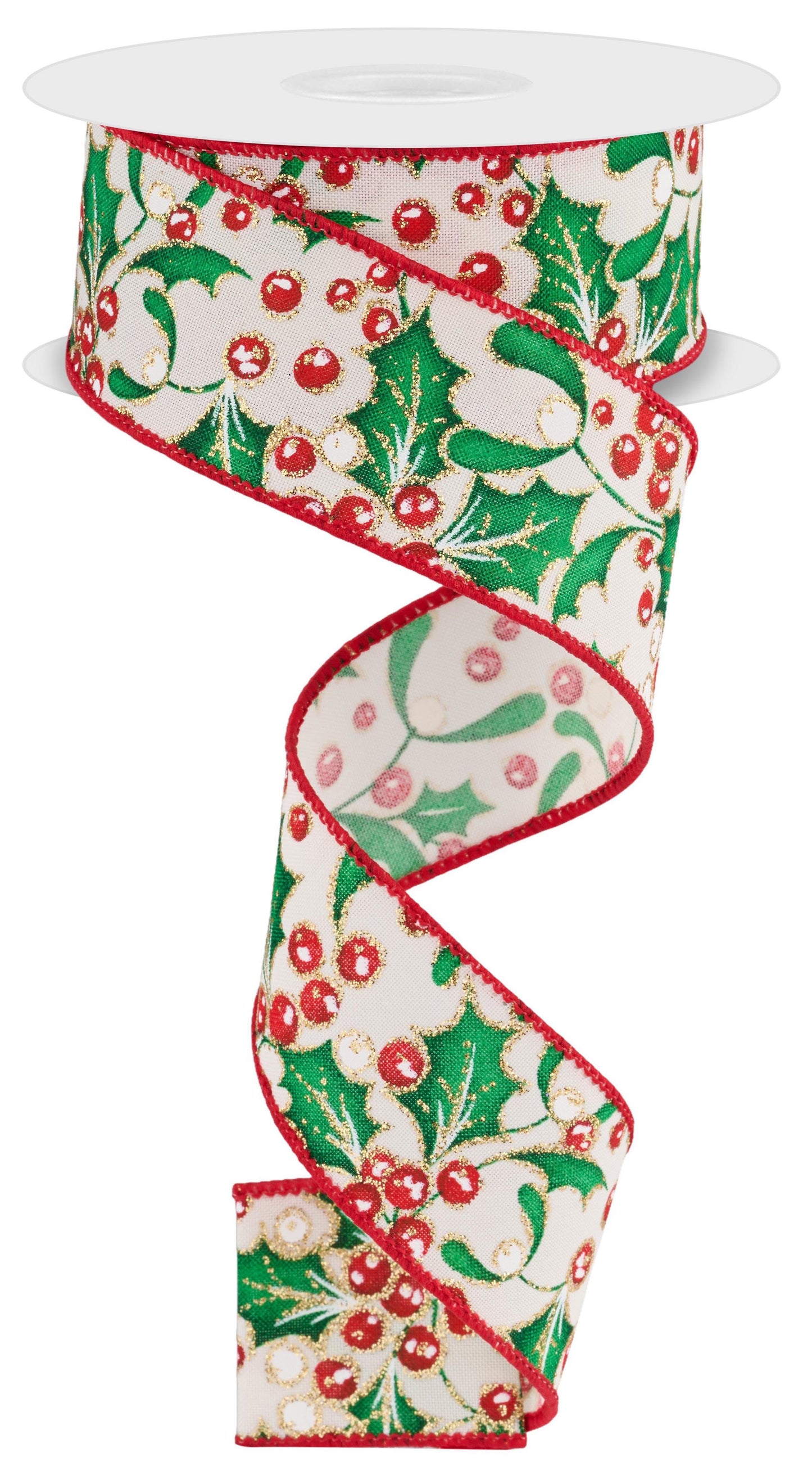 RGF106538 1.5" x 10yd Holly Berry & Mistletoe Ribbon – Cream/Green/Red/White/Gold – Wired Ribbon