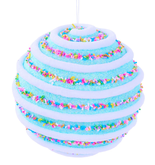 XJ539214   5.125"Dia Candy Sprinkle Swirl Ball Orn    Light Blue