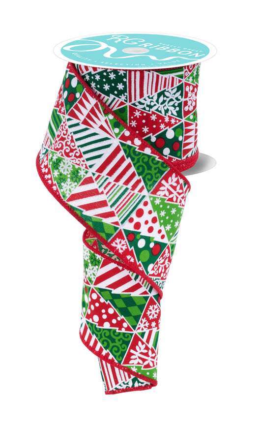 2.5" x 10yd Patchwork Christmas Tree Ribbon – White/Red/Green – Wired Holiday Ribbon RGF177267