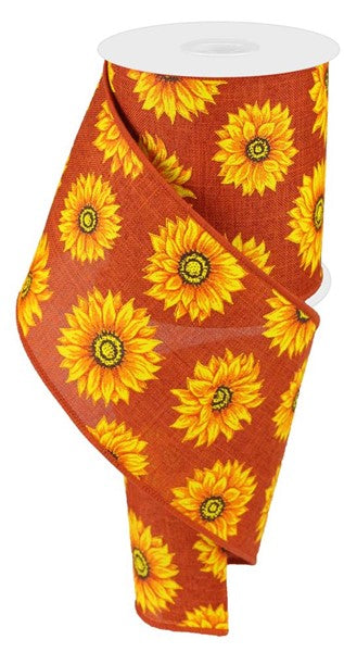 RG0187458  4" x 10yd Multi Sunflowers/Royal Burlap Rust/Ylw/Orng/Rust/Brn