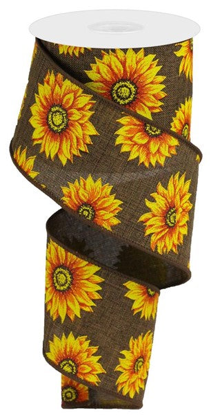 RG0187304  2.5" x 10yd Multi Sunflowers/Royal Burlap Brown/Ylw/Orng/Rust/Brn