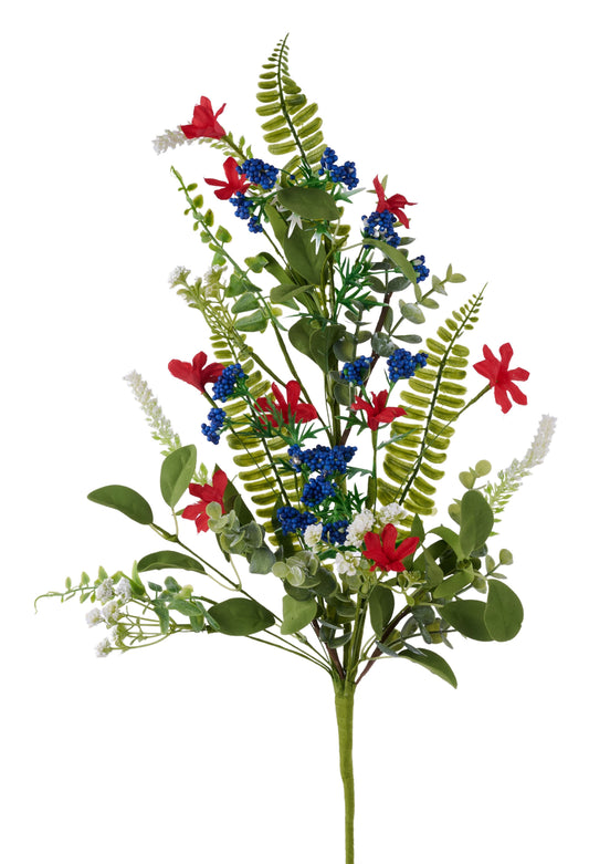FH822454   27"L Flower/Spike/Fern/Leaf/Bead Spray   Red/White/Blue