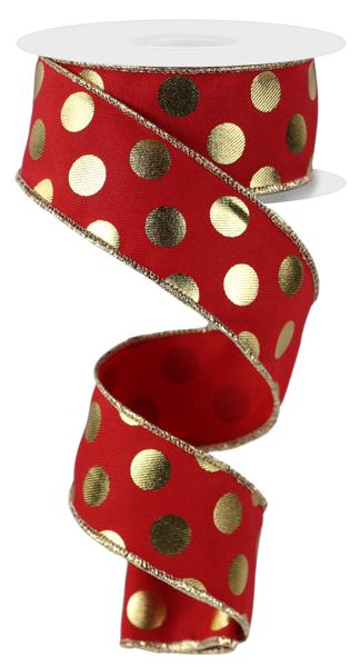 RGE166136  1.5" x 10yd Metallic Polka Dots Red/Gold