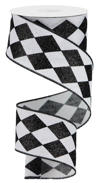 RGA149927 2.5"X10yd Glitter Harlequin Check White/Black