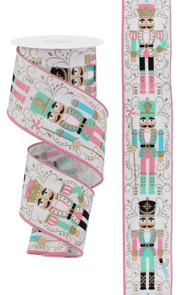 RGA1343WT  2.5" x 10yd Nutcracker Ribbon – White/Gold/Black/Pink/Mint – Christmas Holiday Ribbon
