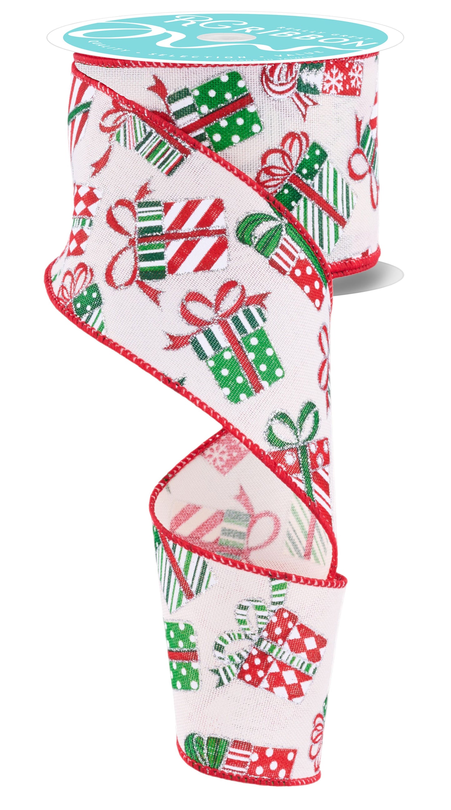 RGF1444C2  2.5" x 10yd Gift Packages Ribbon – Cream/Red/Green/Silver – Wired Ribbon
