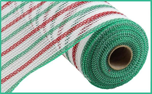 RY8338R3     10.25" x 10yd Faux Jute Stripe Mesh  White/Red/Emerald