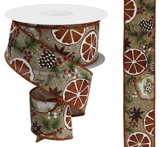 RGE1383    1.5" x 10yd Fruit Slice/Pine Cones/Royal      Light Beige/Multi