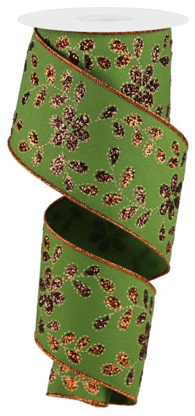 RGE1899AE  2.5" x 10yd Glitter Leaves W/Flower Moss Green/Copper/Brown