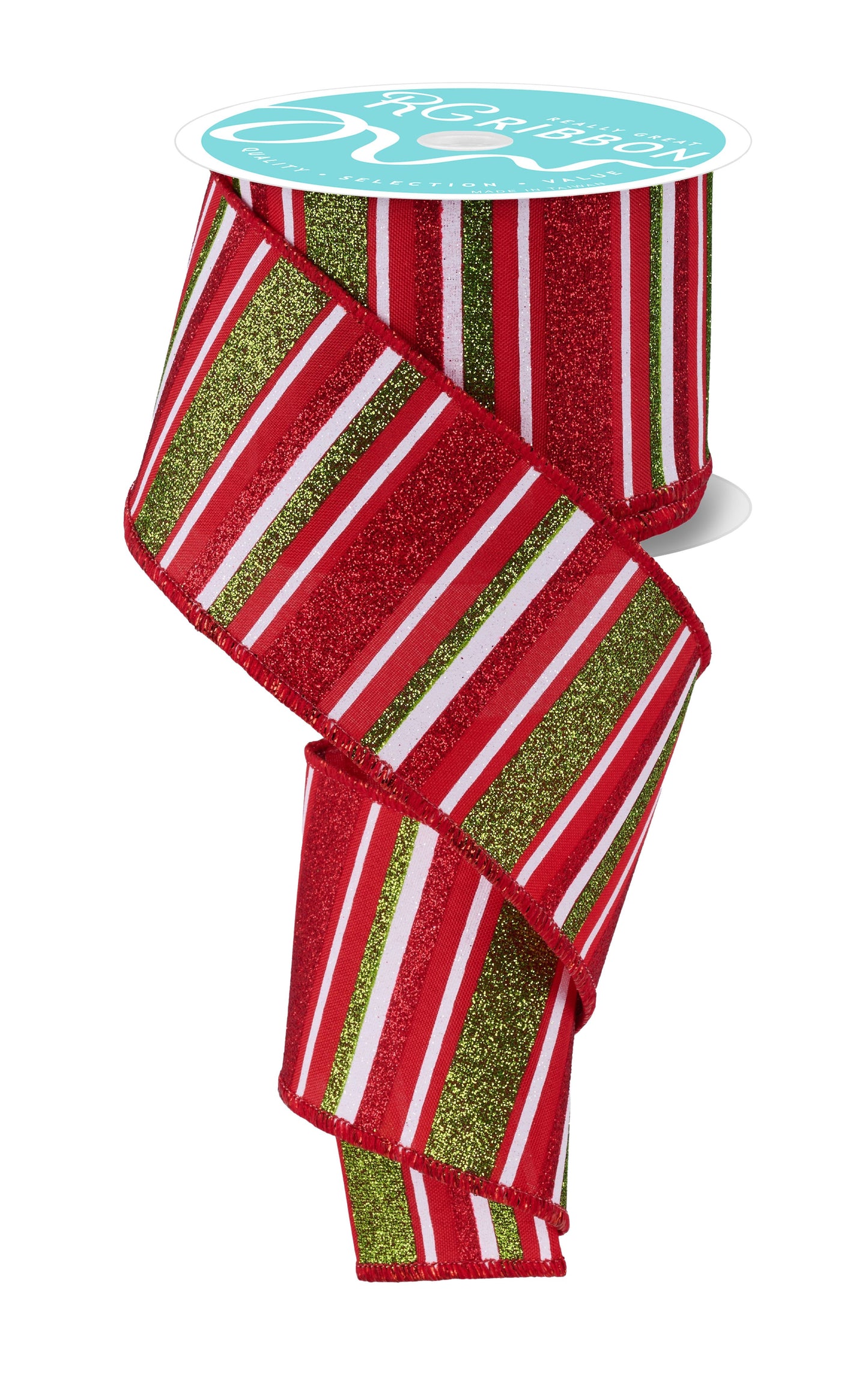RGF19217R  2.5" x 10yd Horizontal Stripe Ribbon – Red/Lime/White – Christmas Stripe Wired Ribbon